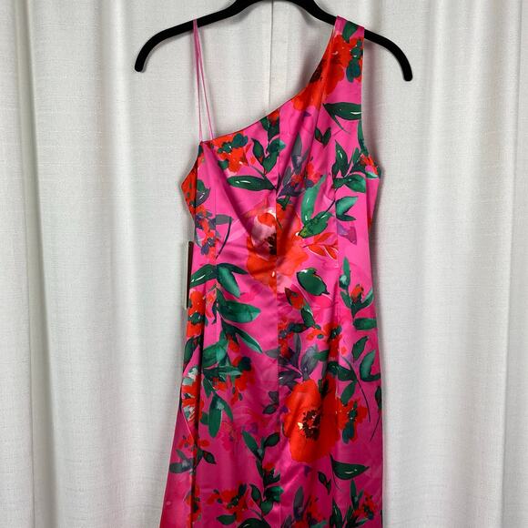 Eliza J Hot Pink Floral One Shoulder Ruffle Hi Lo A Line Dress Sz.10 NWT - Picture 12 of 16